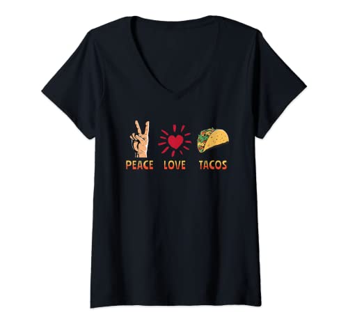 Womens Peace Love Tacos Tee Cute Taco Tuesday Mexican Food Lovers V-Neck T-Shirt